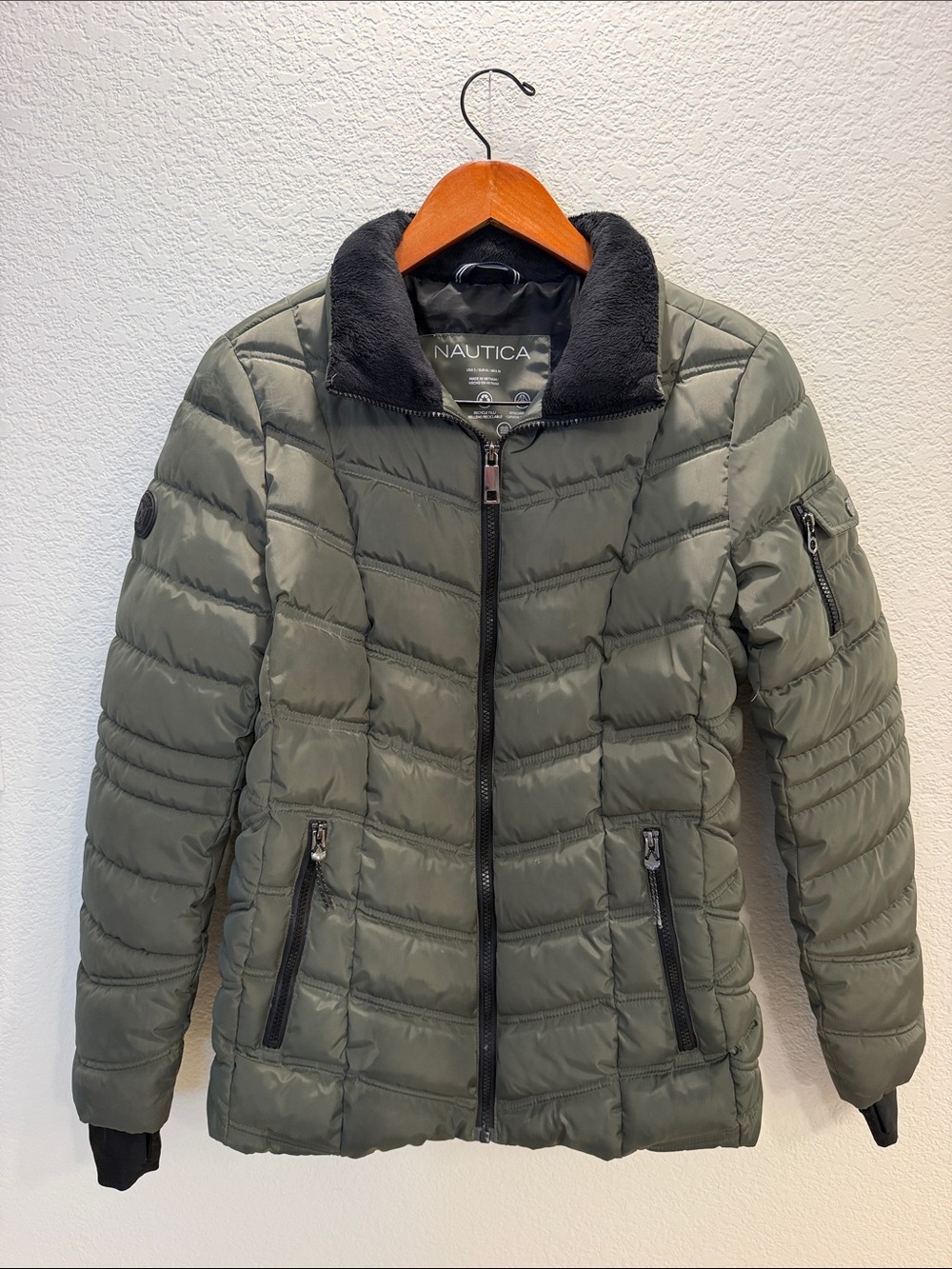 Nautica Women's Olive Green Quilted Puffer Jacket with Black Collar